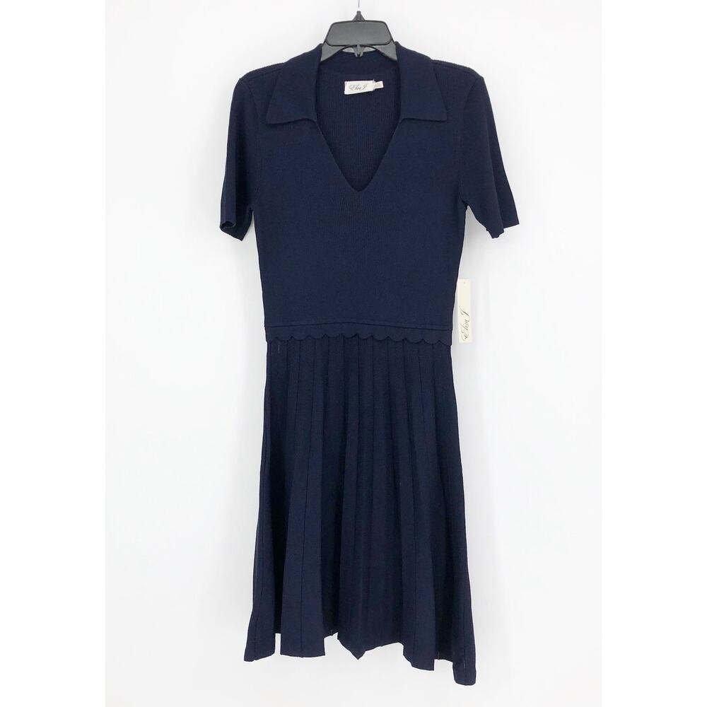 Eliza J Womens Fit & Flare Dress Small Navy Blue Ribbed Knit Johnny Collar NWT - Picture 3 of 14